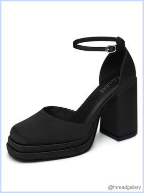 Women Chunky High Heels Comfortable Platform Dress Pumps Square Toe Ankle Strap